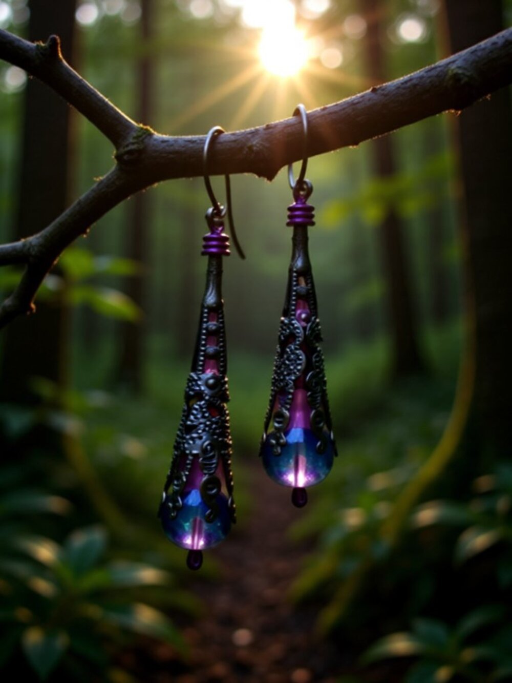 Sexy & Extra Long! Copper Filigree Cones! Purple/Blue Shimmering Dangle Earrings